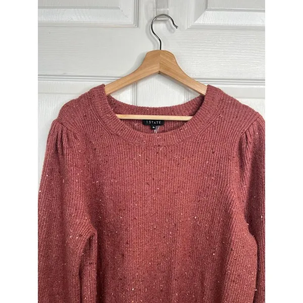 1.STATE Sweater Womens Size XL Speckled Puff Sleeve Cozy Knit Mauve Brown - Image 4
