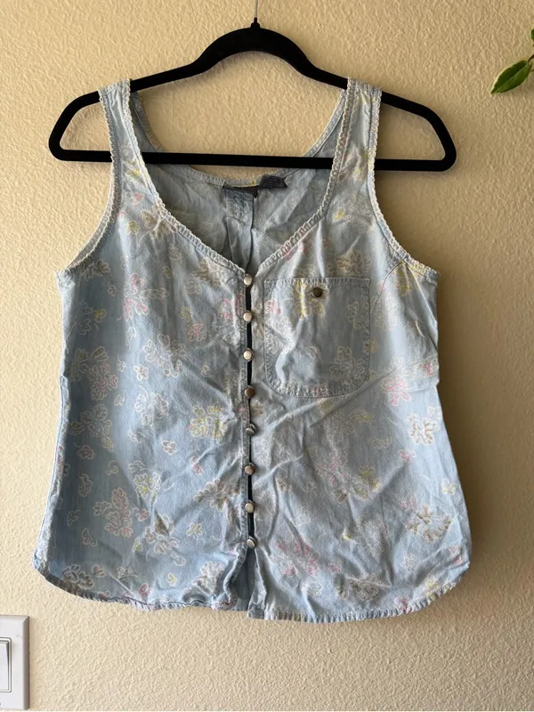Vintage 90s Floral Cotton Button Down Vest/Top Blue Size M - Image 2