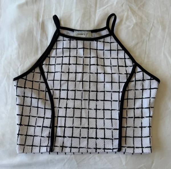 🔥 Y2K Minimalist Grid Print Halter Crop Top | Black & White Aesthetic | Size S 🔥 - Image 3
