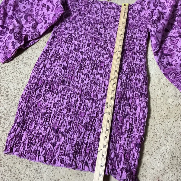 Free People Romantic Floral Smocked Mini Dress‎ Womens M Purple Puff Sleeve Boho - Image 2