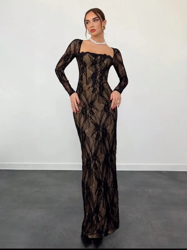 SHEIN Black Lace Maxi Dress with Long Sleeves - Image 4