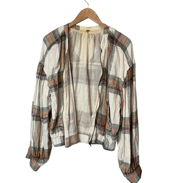 Free People Plaid Cotton Gauze Zip Up Bomber Jacket Cream Orange Brown Womens M - Image 14