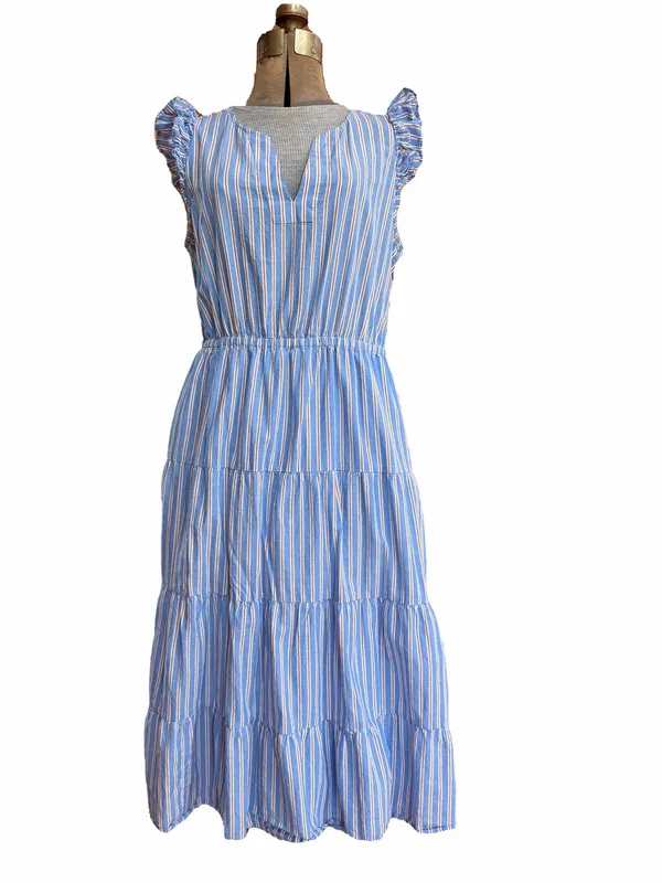 J. Crew V-Neck Cotton Ruffle Cap Sleeve Tiered Striped Midi Dress - Image 4