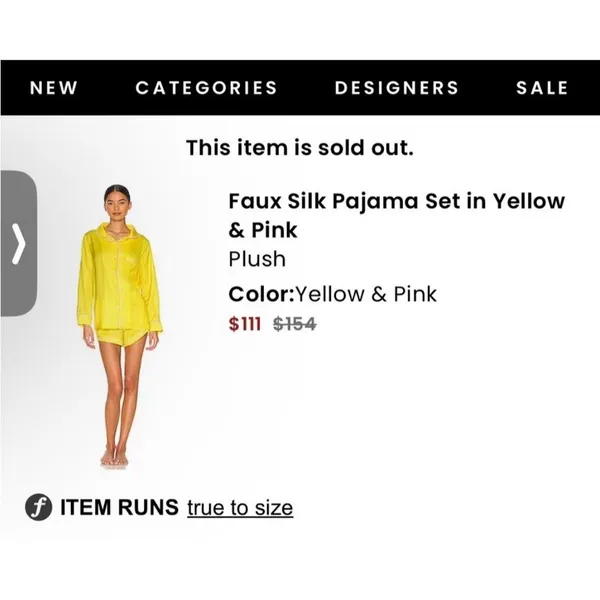 Revolve Plush‎ Pajamas Women’s Yellow 2 Piece Set Button Up Top And Shorts $154 - Image 2