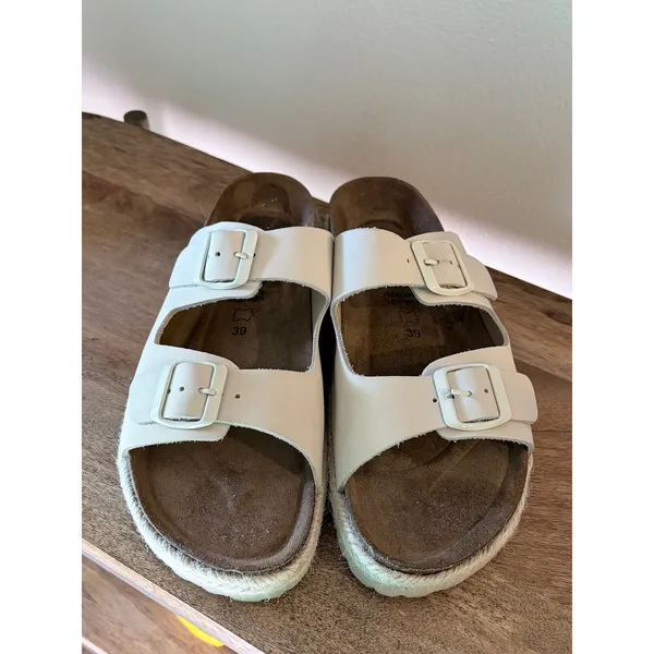 Bio Green Spain Ivory White Leather‎ Double Strap Buckle Slide Sandals 39 | 8 - Image 2