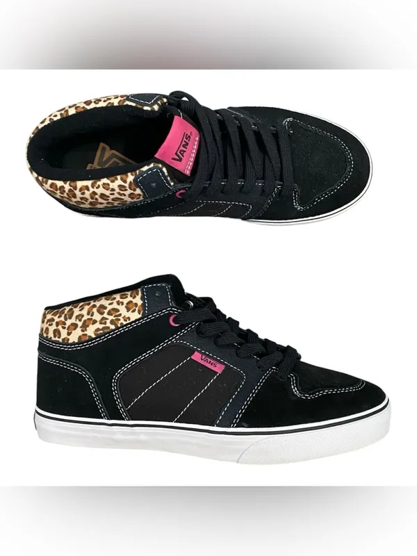Vans Ellis Size 7 Black Suede Mid Top Sneakers with Leopard Collar Hot Pink NWO - Image 3