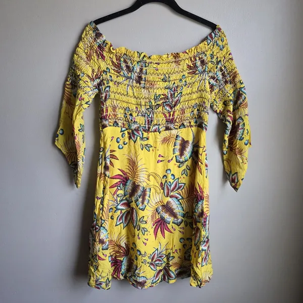 Farm Rio Bria Smocked Dress Anthropologie Size S Petite Yellow Tropical Floral - Image 5