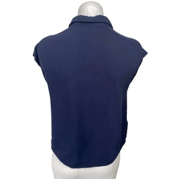 MNG Mango Women's Navy Blue Short Cap Sleeve V Neck Button Up Shirt Top Size 4 - Image 2