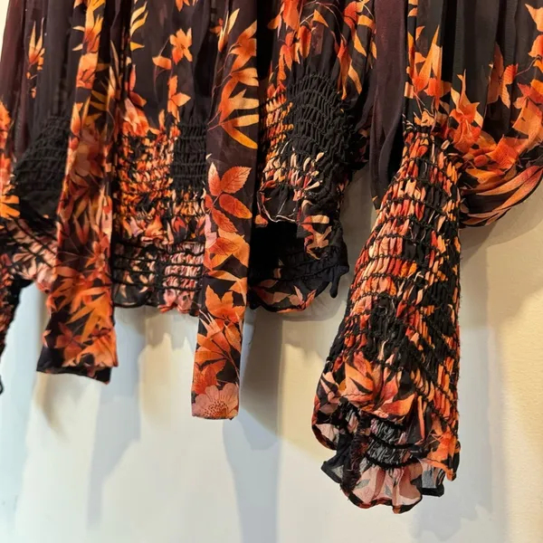 🍁 Warm New York‎ Floral Semi Sheer Neck Tie Blouse Burgundy Long Sleeve Elastic - Image 6