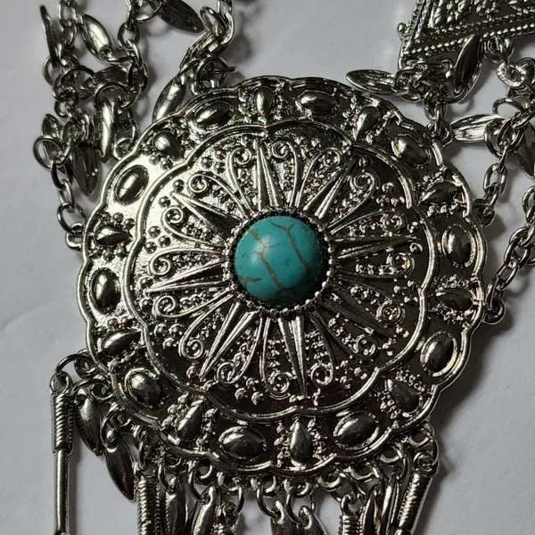 Western Boho Silver Turquoise Crackle Stone Necklace Earrings Set Blue - Image 4