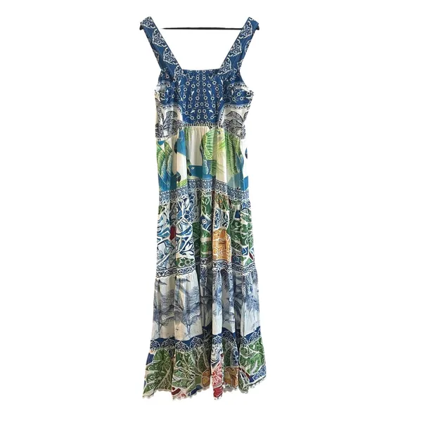 Farm Rio Blue Valeria Maxi Dress Women Large Multi Tropical Boho Tiered Lace - Image 5