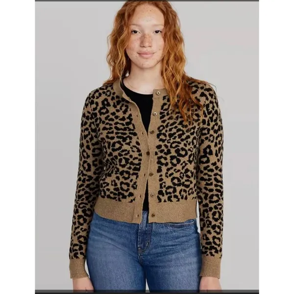 Old Navy SoSoft Cheetah Cardigan Sweater Womens S Brown Cropped Animal Retro - Image 2