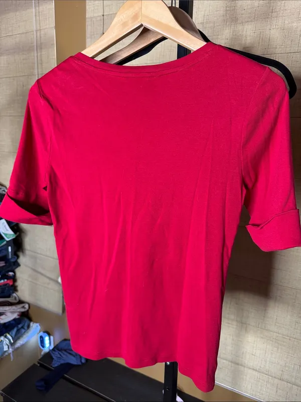 Lauren Ralph Lauren Red Stretch Cotton Elbow Sleeve V-Neck Tee Medium - Image 8