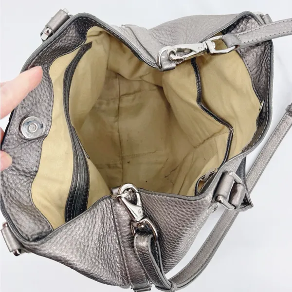 Cole Haan XL‎ Silver Pebbled Leather Satchel Hobo Shoulder Bag Crossbody Strap - Image 8