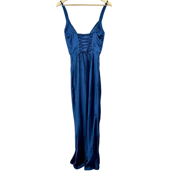 NWT Babyboo Shae Navy Blue Satin Corset Lace Up Back Maxi Dress Womens Size XS - Image 10