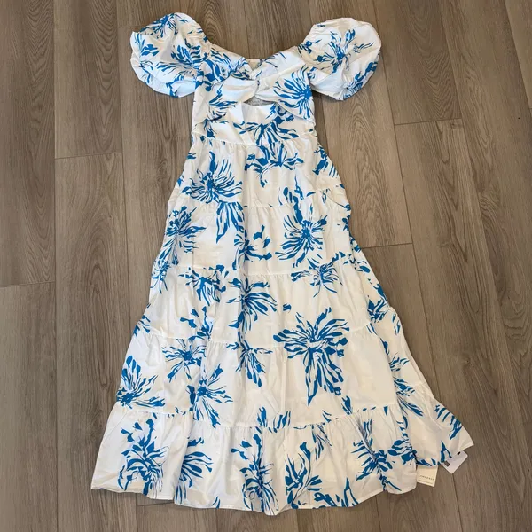 Commense Girly Cottage Fairy Puff Sleeve Twist Detail Midi Dress Blue M - Image 2