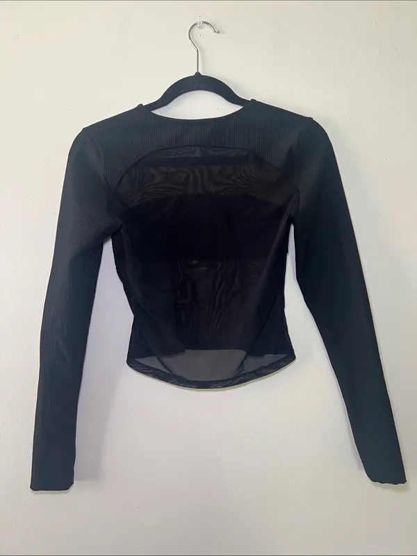 Edikted Black Long Sleeve Ribbed Top with Sheer Panels - Image 4