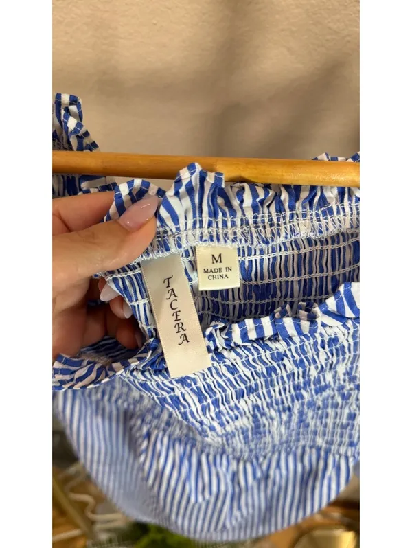 Size M Blue & White Striped Smocked Off-the-Shoulder Top - Image 4