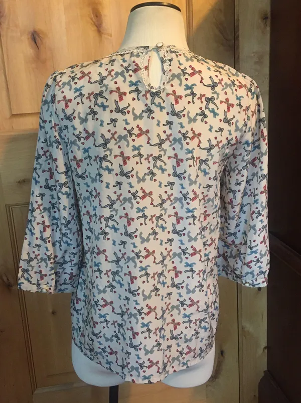 ELF SACK Beige Multi Bows Hearts Print Ruffled 3/4-Sleeve Blouse Top $70 NWT XL like M - L - Image 5