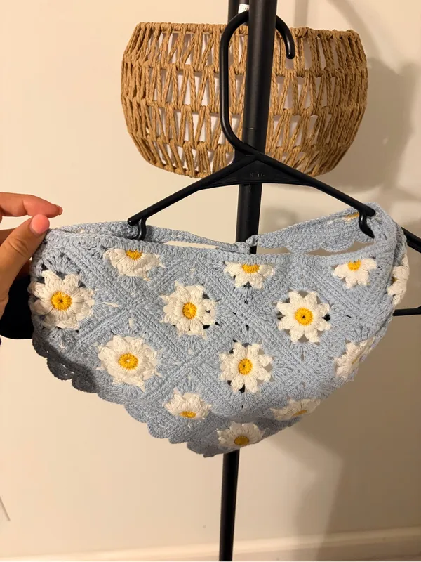 Light Blue Crochet Daisy Shoulder Bag with Yellow Centers - Image 2
