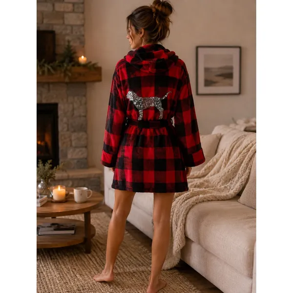 Victoria's Secret Robe Women XS/S Red Black Buffalo Plaid Sequin Cozy Cabin - Image 5