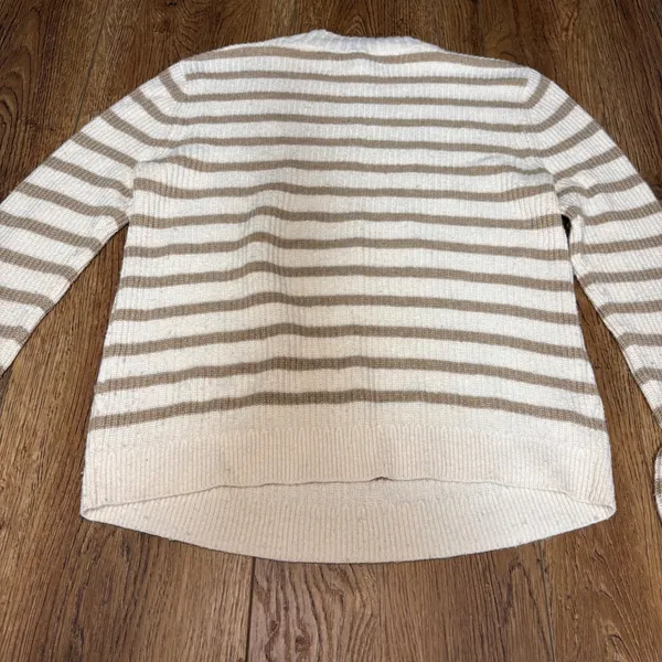 LOFT Mock Neck Striped Sweater Size Medium Flare Long Sleeve‎ White Brown Wool - Image 7