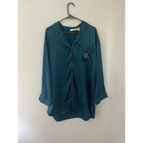 Vintage Victoria's Secret Gold Label Satin Pajama Shirt Dress Green Monogramed - Image 7