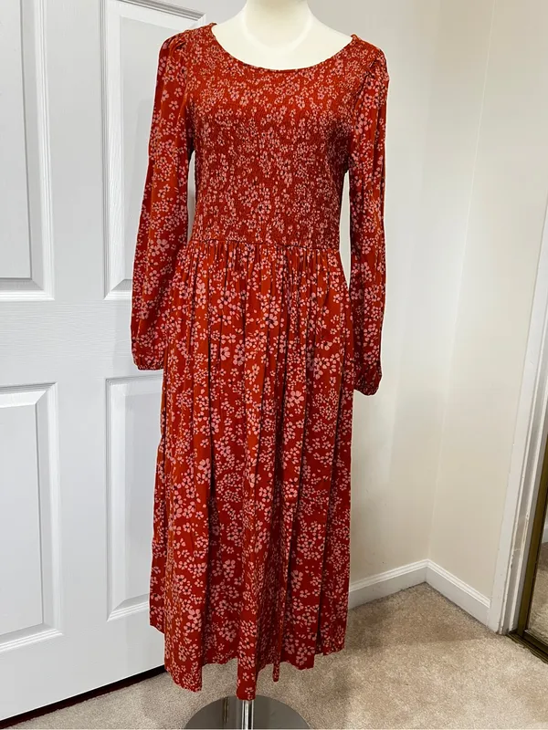 Susina Floral Smocked Bodice & Tiered Midi Dress Orange Burnt Orange Size Large - Image 2