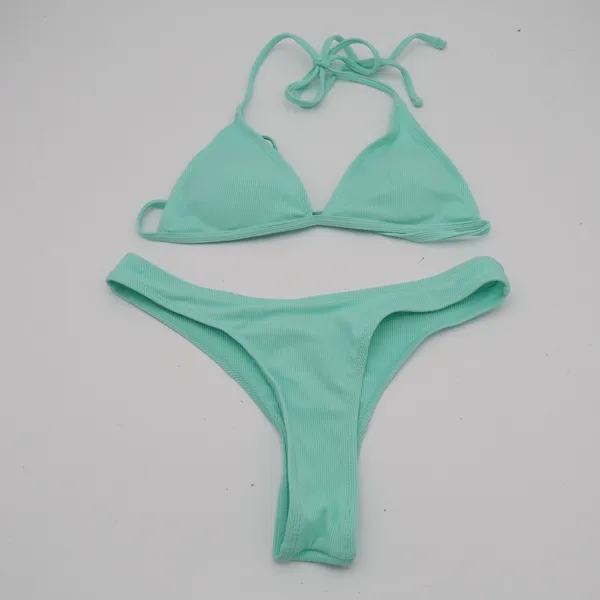 2 Piece Triangle Bikini Set Women S Aqua Ribbed Stretch Spaghetti Strap Swimwear - Image 2