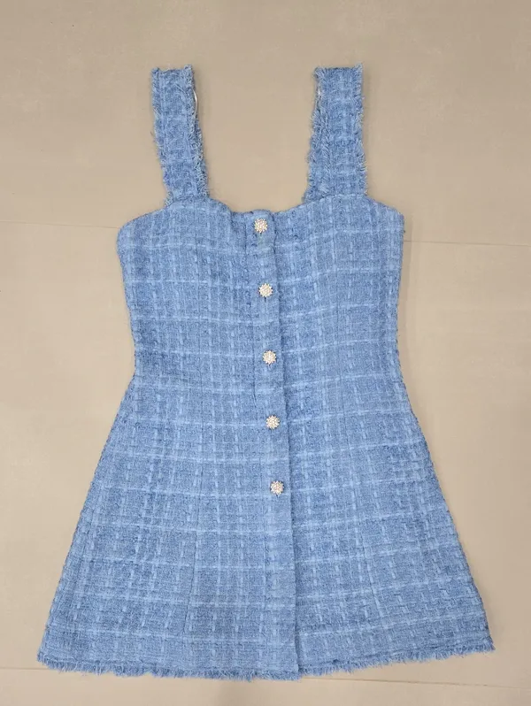 New Zara Sky Blue Tweed Dress With Crystal Buttons Size S - Image 3
