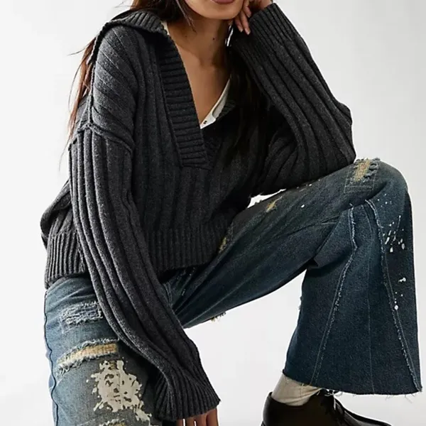 Free People We The Free Gray Rudi Funnel Neck Knit Sweater V Neck Boho Oversized - Image 2