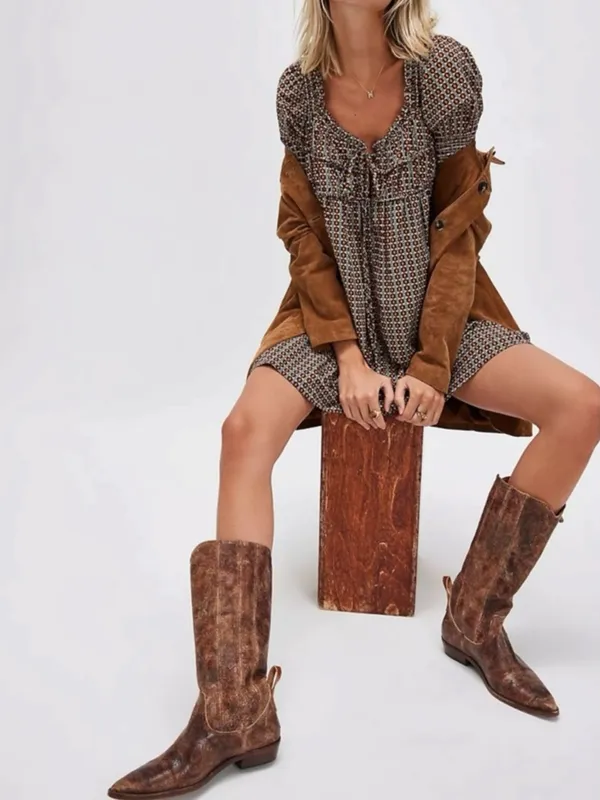 Free People Women’s Star Dip Mini Dress in Black Brown Combo Retro Babydoll Sz M - Image 10