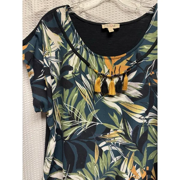 With Love Women's Tropical Leaf Green Yellow‎ Brown Tassel Necklace Blouse SZ L - Image 4