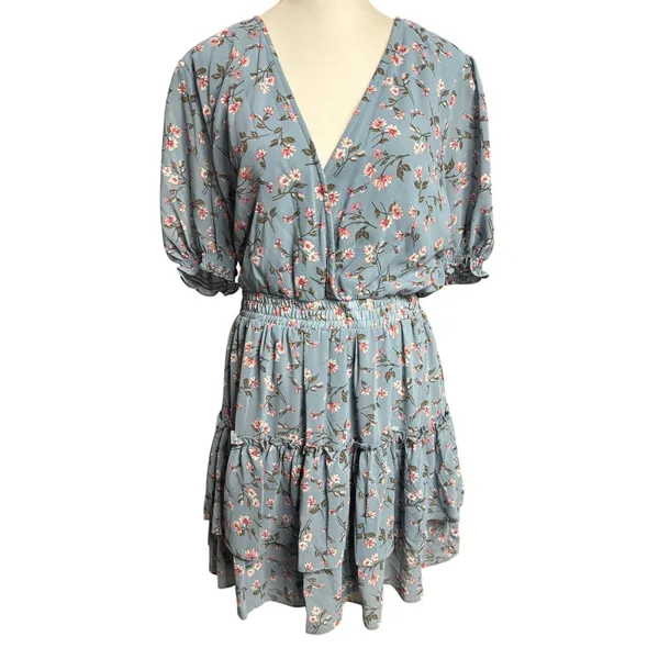 WAYF Dusty Blue Floral Mini Dress XL NWT Wedding Guest Garden Party - Image 2