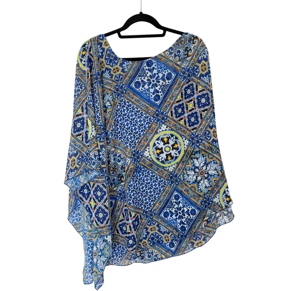 Show Me Your Mumu Tunic Top Large Blue Yellow Tile Print Flutter Sleeve‎ Sheer L - Image 3