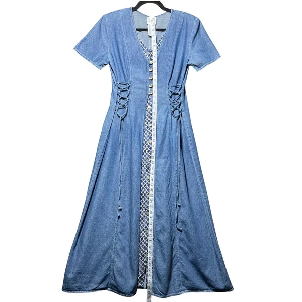 Vintage 90s TR Bentley Denim Maxi Dress Lace Up Corset Side Blue Size 10 - Image 3