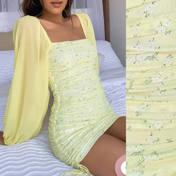 That’sSoFetch Lorde Ruched Puff Sleeve Mini Dress: Yellow Ditsy Floral - Image 7