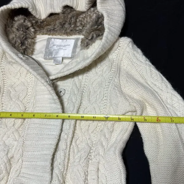 Vtg Y2k American‎ Eagle Cream Cableknit Hooded Sherpa Lined Zip Up Jacket Size M - Image 5