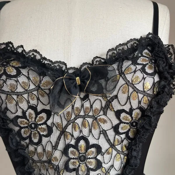 Midnight Hour 90s Vintage Dark Fairy Lace Black & Gold Bodysuit With Sheer Flouncy Tutu Size M - Image 3