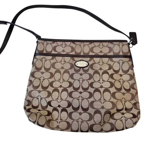Coach Brown Tan Signature Canvas Crossbody Bag Handbag Purse Leather Trim - Image 2