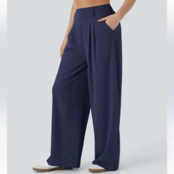 Halara Navy Blue Wide Leg Breezeful High Waisted Pants Womens L Pleated Preppy - Image 3