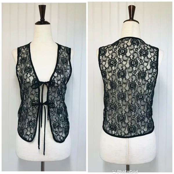 VINTAGE‎ Sheer Black Lace Tie Front Vest Top Small Goth Fairycore Grunge Y2K 90s - Image 2