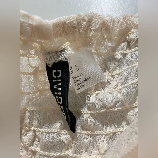 Cream Floral Lace Ruched Puff Sleeve Cropped Top Blouse - Size Large - Image 2