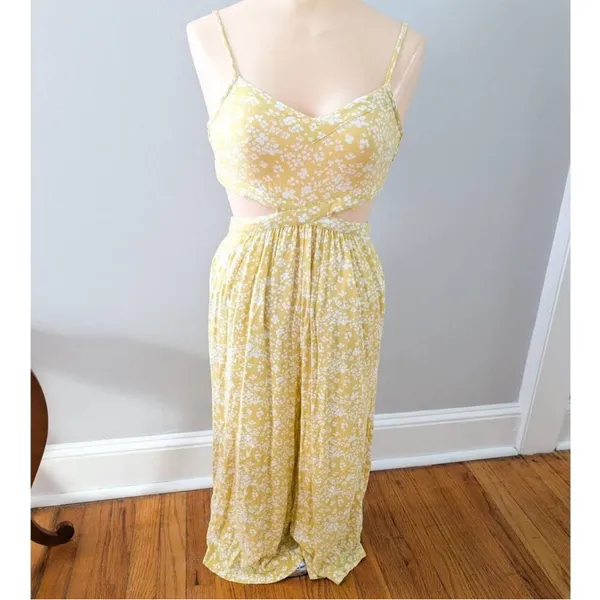 Aerie Yellow White Floral Print Smocked Cutout‎ Wide Leg Cropped Jumpsuit S - Image 6