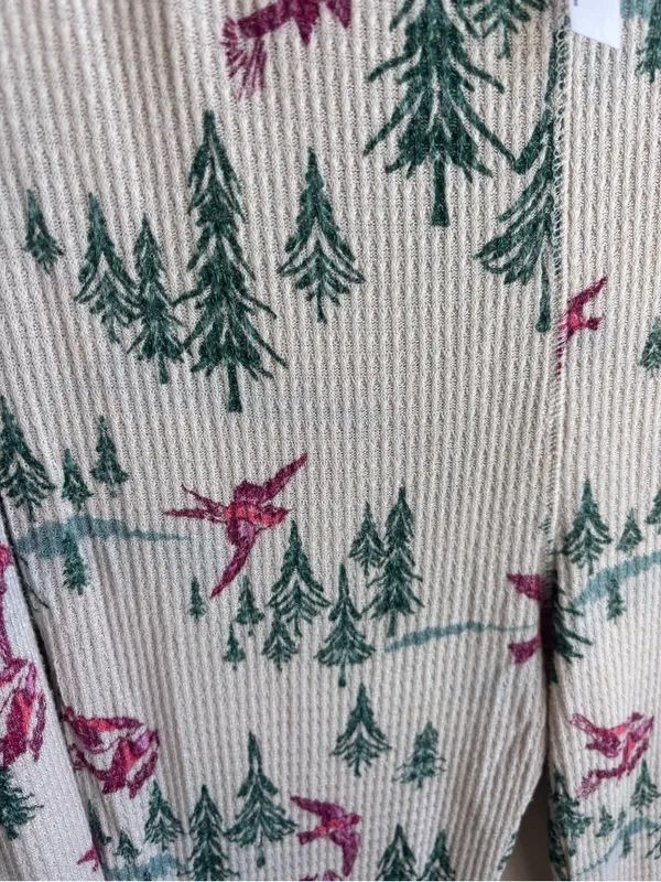 Cream Waffle Knit Two-Piece Pajama Set with Green Tree & Pink Bird Print - Image 5
