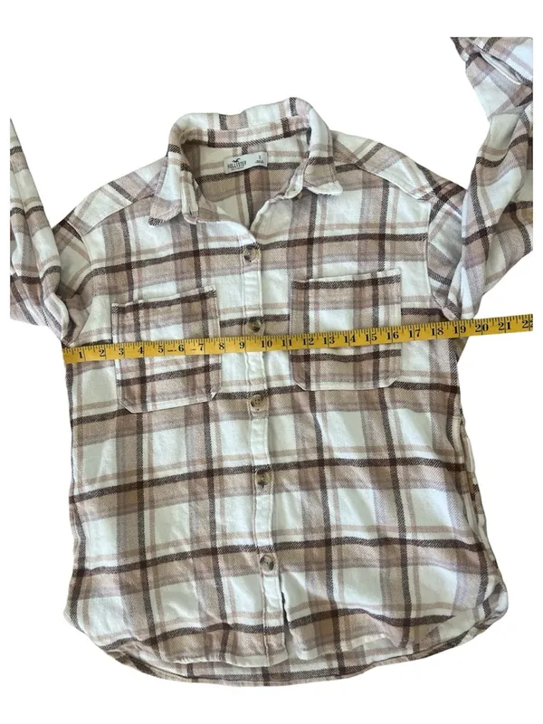 Hollister Plaid Button-Up Shirt in Cream & Brown Size S - Image 2