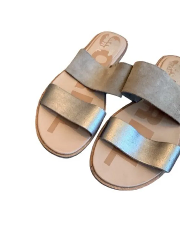 Sorel Gray Gold Two Strap Slide Sandals Suede Metallic Minimalist Size 6 Women's - Image 5