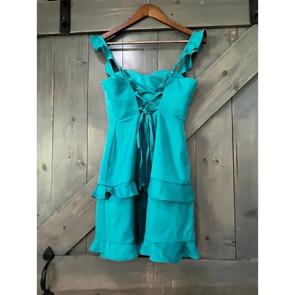 Snow Rose Teal Ruffle Mini Dress Lace Up Back Size 0 Coquette‎ Mermaidcore - Image 6
