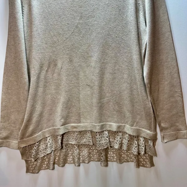 Cyrus Beige Knit Sweater Crochet Lace Tiered Hem Long Sleeve Pullover L tunic - Image 4