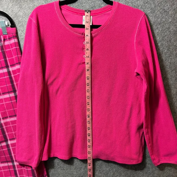 ZENista Pink Plaid Fleece Pajama Set Waffle Henley Top & Pants‎ L Long Sleeve - Image 7
